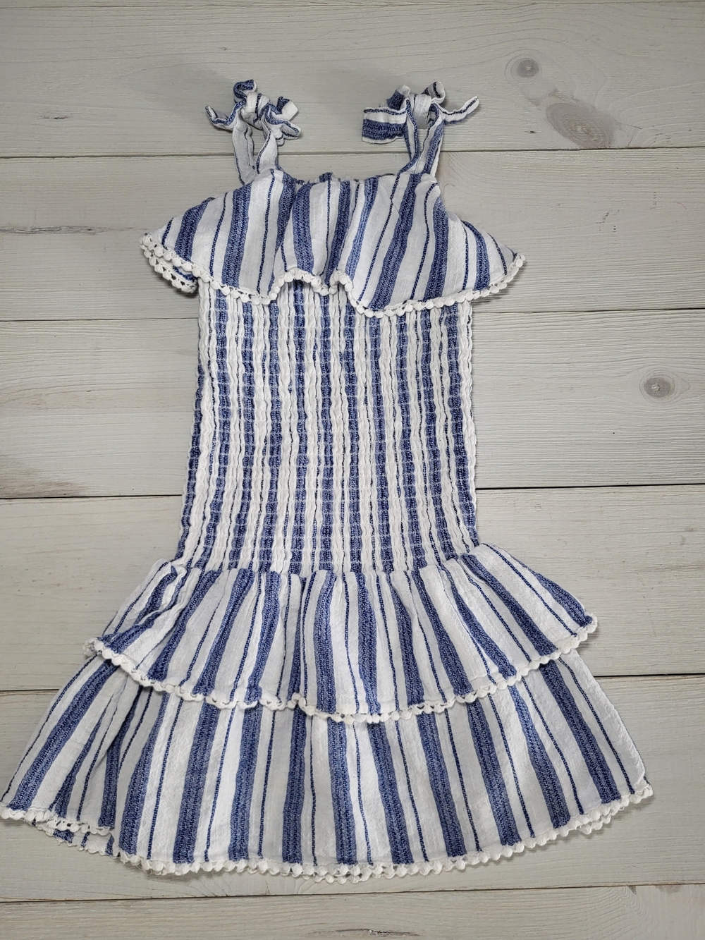 Girl's Dress Striped Smocked Ruffle Pom Tiered Sundress Cotton Blend.